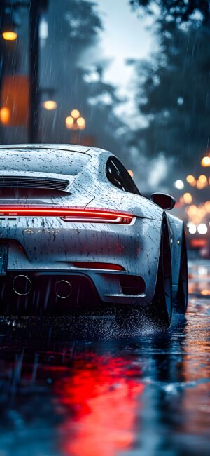 Sleek sports car in urban rain with reflections and atmospheric lighting | Blue, Red, Grey | 4K Wallpaper for Mobile