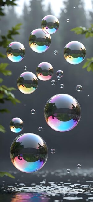 Serene scene with iridescent soap bubbles over calm water and lush greenery. Ideal for mobile. | 4K Wallpaper | Green, Blue, Pink, Purple