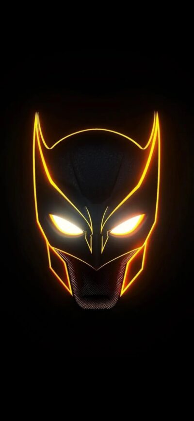 Stylized Batman mask with glowing orange and yellow lines on a dark backdrop. | 4K Wallpaper for Mobile