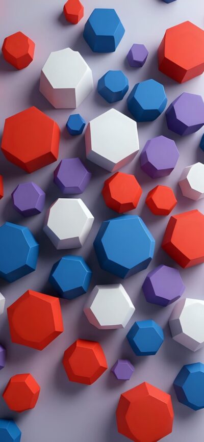 Colorful abstract design with 3D geometric hexagons in red, blue, purple & white. Playful aesthetic | 4K Wallpaper for Mobile