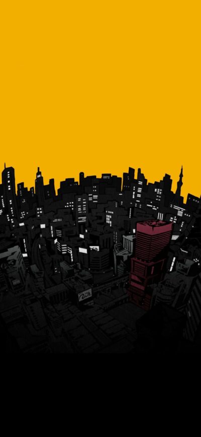 Stylized cityscape silhouette with skyscrapers in black on a vibrant yellow background | 4K Wallpaper for Mobile