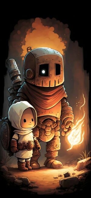 Whimsical 4K wallpaper for mobile: Tiny hooded figure with large rustic robot holding a glowing fire. Adventure and friendship vibes.