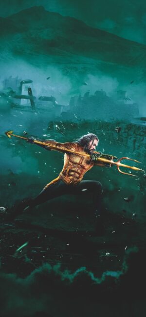 Aquaman with trident in underwater action pose | Primary Colors: Green, Gold, Black | 4K Wallpaper for Mobile | #Aquaman #Superhero #DC