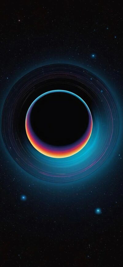 Abstract cosmic phenomenon with planet-like appearance, vibrant blue, purple, and orange halo, starry sky | 4K Wallpaper for Mobile