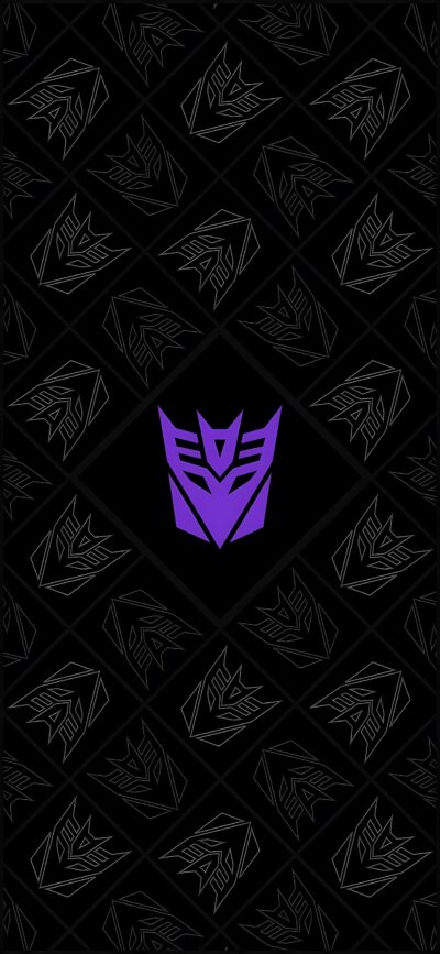 Decepticon symbol on a black patterned background with purple highlights | 4K Wallpaper for Mobile