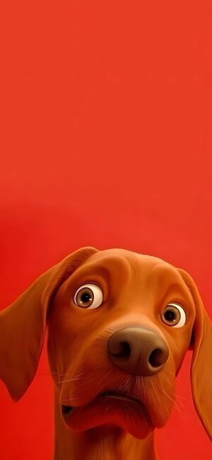 Cute cartoon dog with surprised face on bright red background | 4K Wallpaper for Mobile | Red, animal, and cartoon themes.