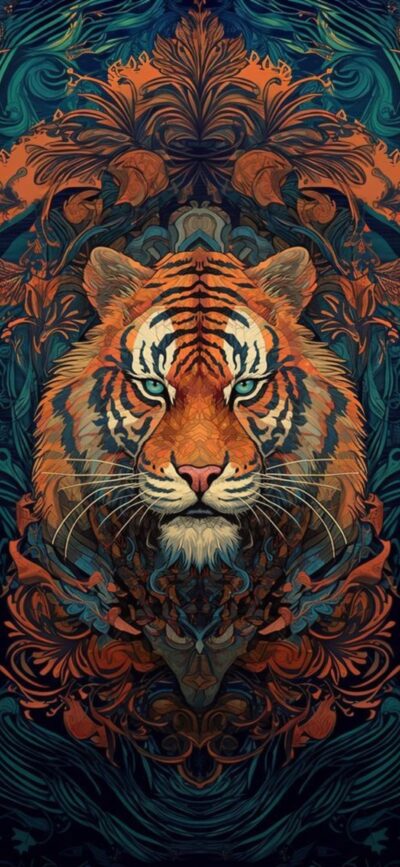 Stylized tiger with ornate patterns in warm tones; nature meets abstract design | 4K Wallpaper for Mobile | Orange, Blue, Brown