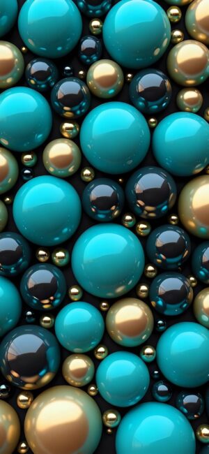 Glossy spheres in teal, black, and gold form a modern abstract pattern | 4K Wallpaper for Mobile