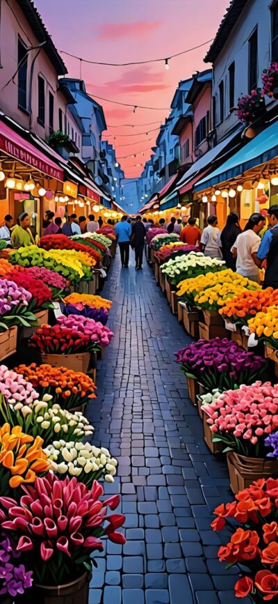 Vibrant street market with colorful flowers, charming buildings under sunset sky, cobblestone path | 4K Wallpaper for Mobile