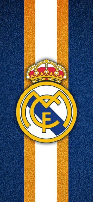 Real Madrid logo on blue, white, and gold vertical stripes background | 4K Wallpaper for Mobile