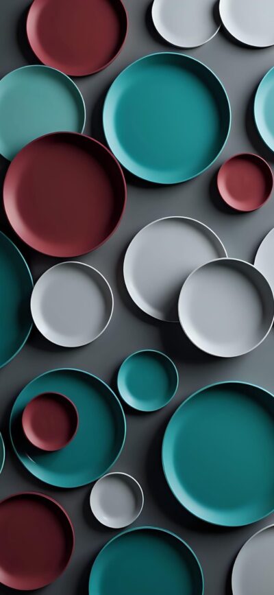 Abstract circular plates in teal, red, and grey on a dark background | 4K Wallpaper for Mobile