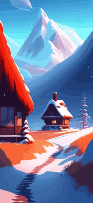 Serene winter landscape with snow-covered cabins, towering mountains, blue skies, untouched snow | 4K Wallpaper for Mobile