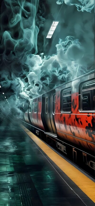 Stylized subway train with dramatic swirling smoke in vibrant detail, highlighting urban elements and light interplay. | 4K Wallpaper for Mobile