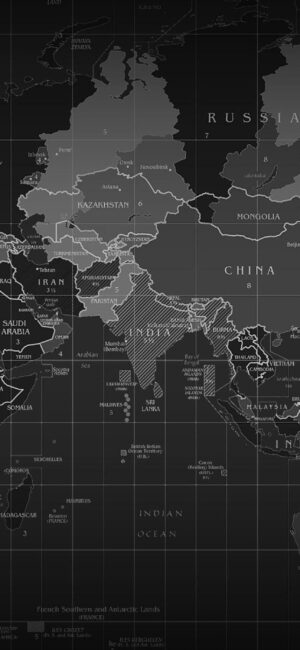 Monochrome world map wallpaper for mobile; highlights India, China, Russia borders in dark, minimalist style | 4K Wallpaper