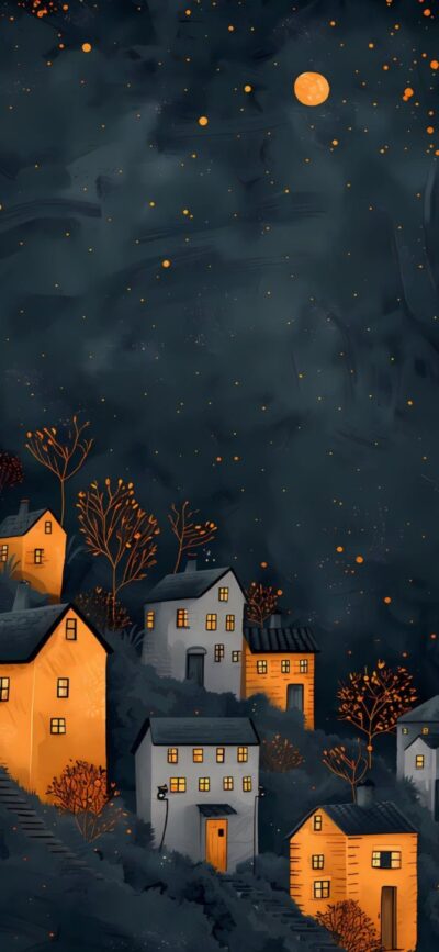 Whimsical village under a starry night with lit homes and a glowing moon | Black, Orange, Yellow | 4K Wallpaper for Mobile