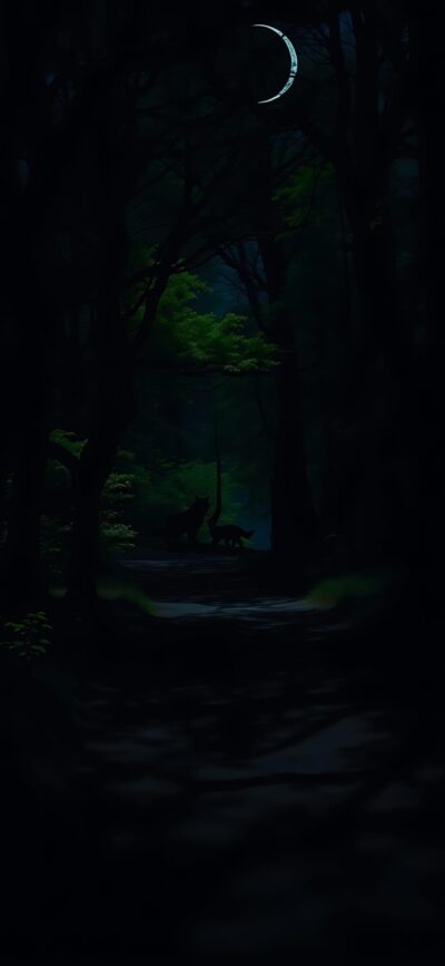 Dark forest with crescent moon and deer silhouettes; mystic vibe. | 4K Wallpaper for Mobile | Black, Green, Blue hues.