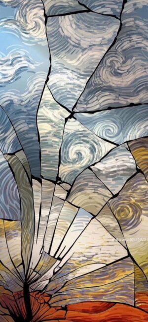 Abstract stained glass design with swirling clouds and vibrant colors, reminiscent of Van Gogh's style | 4K Wallpaper, for Mobile