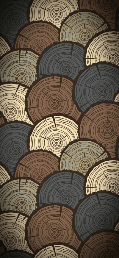 Abstract concentric circles resemble tree logs, wood grain textures in brown, grey, beige tones | 4K Wallpaper for Mobile