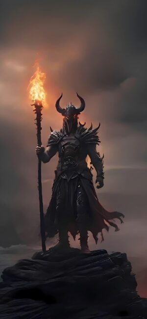 Dark fantasy scene with a warrior in horned helmet and fiery torch, set on rocky terrain. | 4K Wallpaper for Mobile