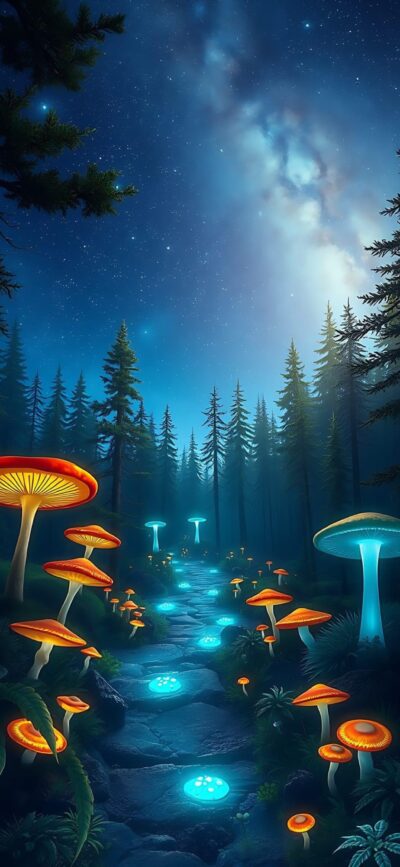 Magical fantasy forest at night with glowing mushrooms, stars, and Milky Way. Vibrant hues in blue, green, and orange. | 4K Wallpaper for Mobile