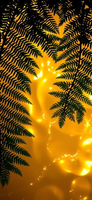 Fern silhouettes against a glowing yellow-orange bokeh create a magical scene | 4K Wallpaper for Mobile