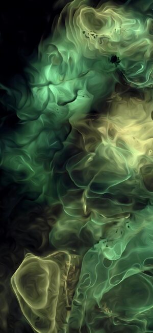 Abstract green and yellow swirl design resembling smoke or fabric | 4K Wallpaper, for Mobile