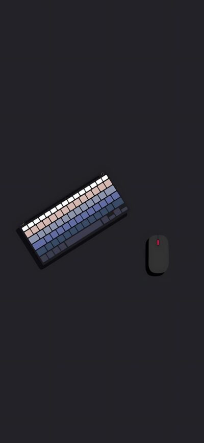 Minimalist mechanical keyboard with blue-peach gradient keys & black mouse on dark background for tech enthusiasts | 4K Wallpaper, for Mobile