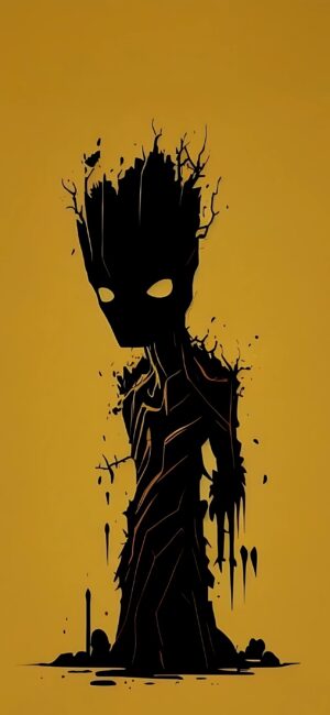 Groot in abstract form with a dark silhouette on a solid background, highlighting tree-like features | Yellow & Black | 4K Wallpaper for Mobile