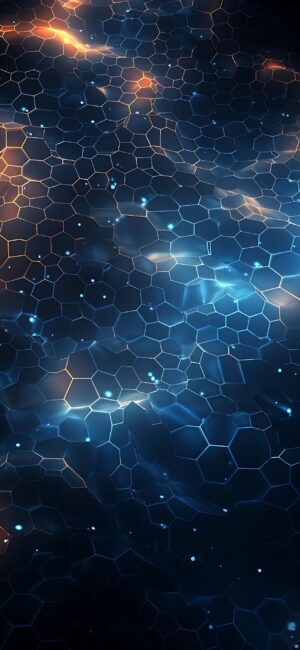 Glowing hexagonal abstract design in blue and orange, perfect for sci-fi and geometric aesthetic lovers | 4K Wallpaper, for Mobile