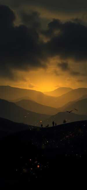 Silhouetted mountains at sunset with dramatic clouds, small figures, and birds evoke a peaceful scene | 4K Wallpaper for Mobile