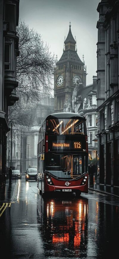 Classic London scene with red double-decker bus, rainy street, and Big Ben | 4K Wallpaper for Mobile