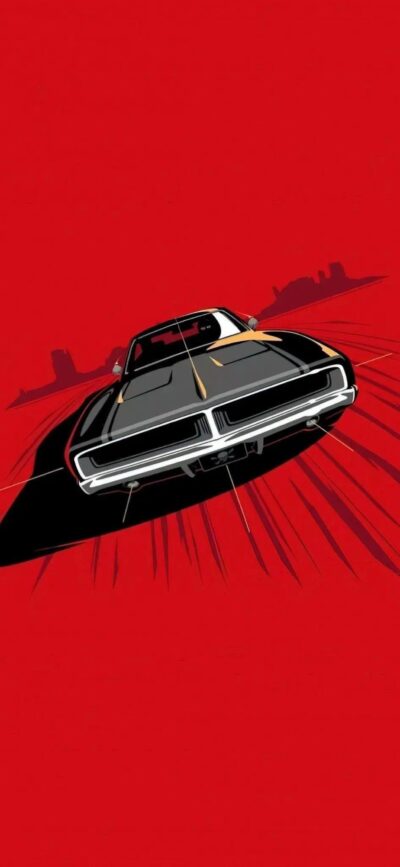 A sleek classic car illustration on a red background, capturing speed with shadow effects. | 4K Wallpaper, for Mobile