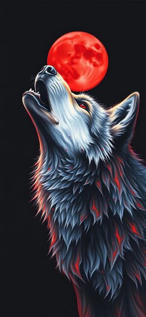 Wolf howling at a red moon; vivid blue and red contrasts on black. Mystic ambiance. | 4K Wallpaper for Mobile