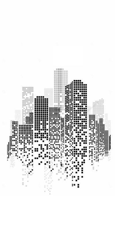 Abstract pixelated cityscape in monochrome, showcasing urban skyscrapers in digital style | 4K Wallpaper for Mobile