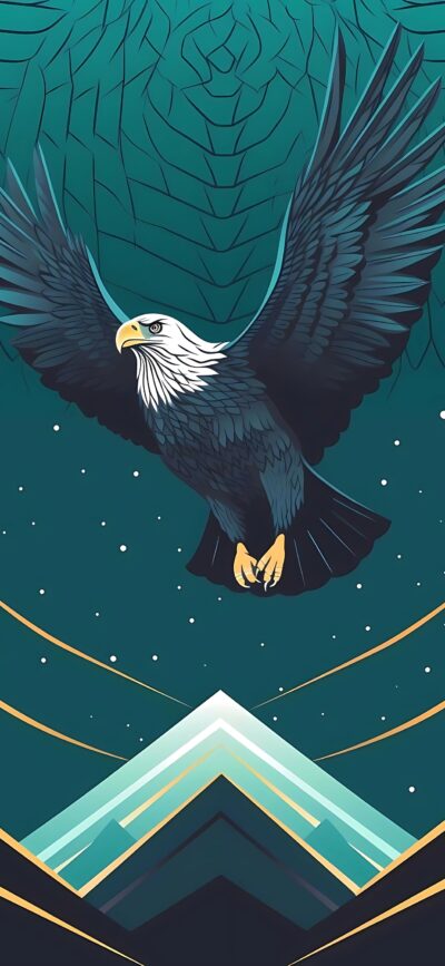 Eagle soaring through a starry sky with geometric patterns, vibrant lines, and shapes. Teal, black, white colors | 4K Wallpaper for Mobile