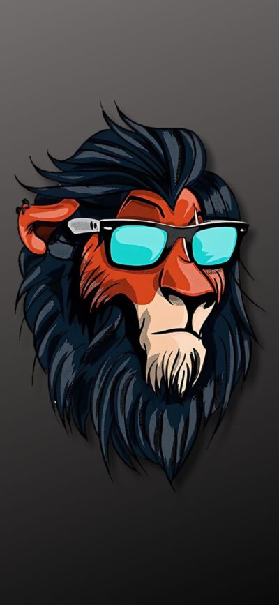 Lion with sunglasses in bold cartoon style, mane in blue, face in orange | Black, Blue, Orange | Animal Cartoon Stylish | 4K Wallpaper, for Mobile