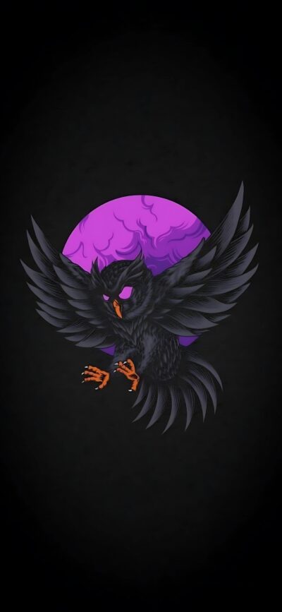 A mystical owl with purple eyes and talons against a purple moon on a black background | 4K Wallpaper for Mobile