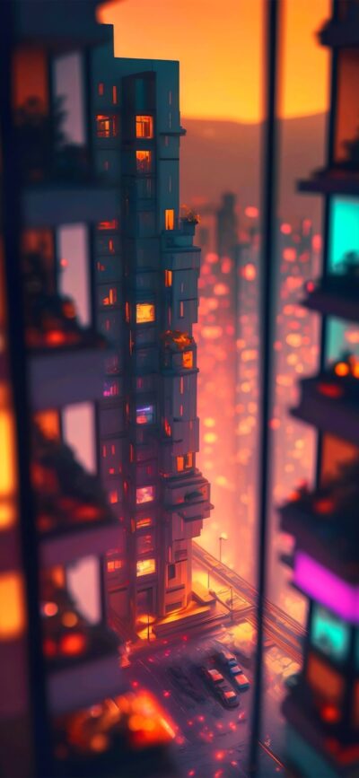 Vibrant cityscape at dusk with illuminated high-rises and warm orange-pink hues, featuring turquoise and purple neon lights | 4K Wallpaper for Mobile