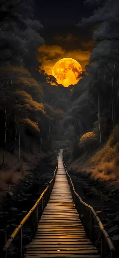 Serene wooden bridge in a dark forest under a golden full moon creating a mystical vibe. Black, golden, dark green hues | 4K Wallpaper for Mobile