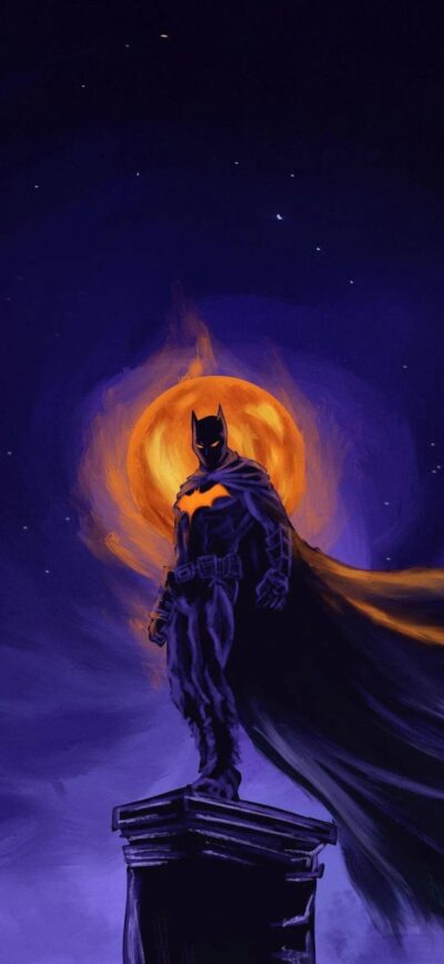 Batman silhouette on a rooftop under a fiery moonlit sky, cape flowing; dark tones highlight his vigilant nature | 4K Wallpaper for Mobile