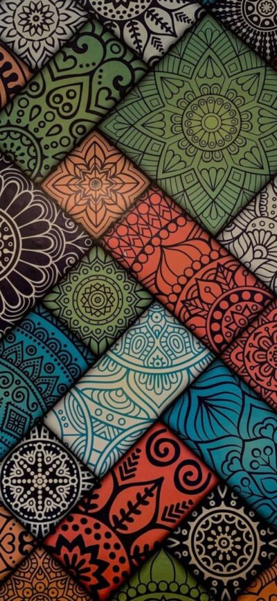 Colorful mandala and geometric patterns in green, orange, blue, and red | 4K Wallpaper, for Mobile