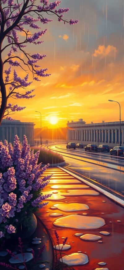 Sunset city street with purple flowers, tree branches, and ornate buildings reflecting warm hues; serene scene | 4K Wallpaper for Mobile