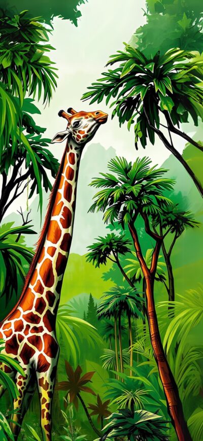 Illustrated giraffe in tropical foliage, capturing jungle essence with green and brown hues. | 4K Wallpaper for Mobile