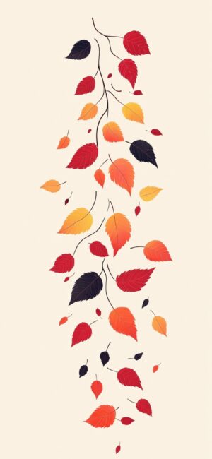 Autumn leaves in vibrant reds, oranges, yellows against a beige backdrop, creating a minimalistic fall pattern | 4K Wallpaper for Mobile