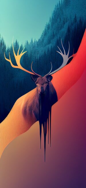 Stylized deer with large antlers on an abstract, colorful background of blue, orange, brown, and teal | 4K Wallpaper for Mobile