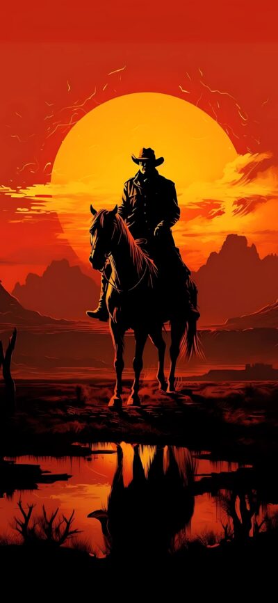 Silhouette of a cowboy on horseback against a sunset, evoking the Wild West. Vivid oranges and yellows. | 4K Wallpaper for Mobile