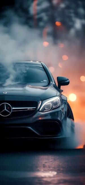 Mercedes-Benz drifting with smoke, blurred background, black, gray, orange | 4K Wallpaper for Mobile