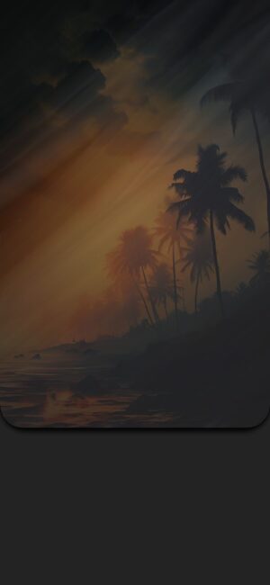 Tropical beach sunset with palm silhouettes, dramatic sky, sun rays, tranquil ambiance. Black, orange, brown tones. | 4K Wallpaper for Mobile