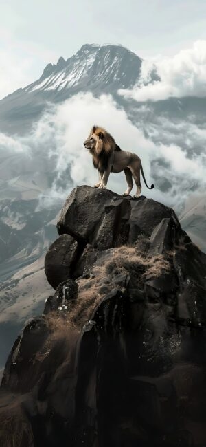 Majestic lion on a rock overlooking clouds and mountains, symbolizing royalty and power. Brown, gray, and white hues. | 4K Wallpaper for Mobile