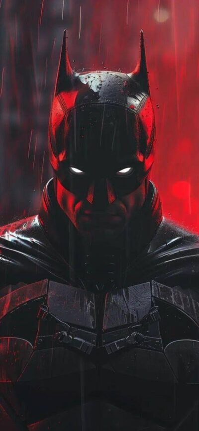 Batman close-up with glowing white eyes against a red and black rainy backdrop | 4K Wallpaper for Mobile